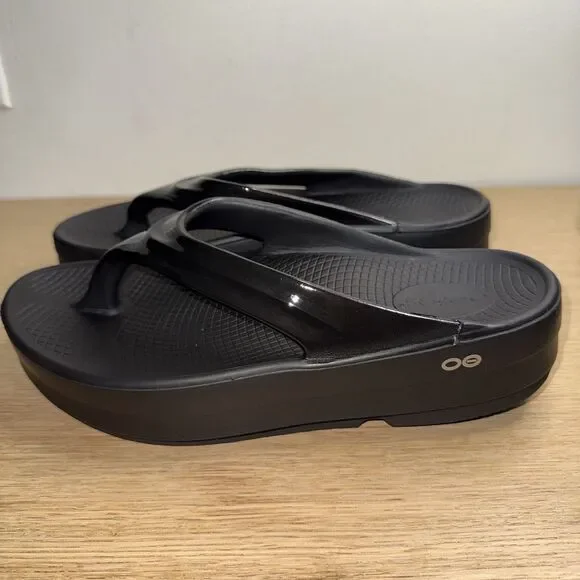 OOFOS OOmega OOlala Women 11 Platform Sandals Black Flip Flops Thong Recovery